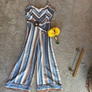 Monteau women’s striped jumpsuit with belt buckle detail